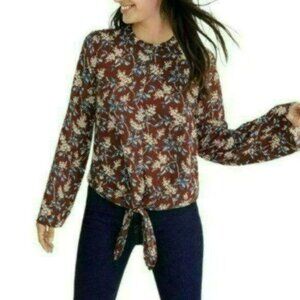 Madewell Antique Flora Women's Small Red Blue Long Bell Sleeve Crewneck Blouse